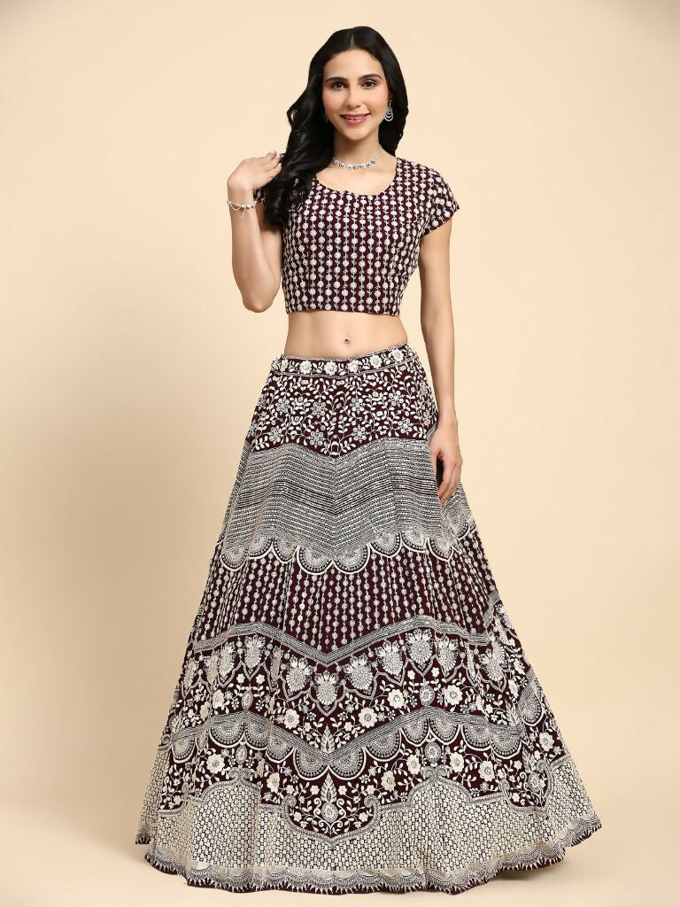 Brown Georgette Thread Embroidered Lehenga Choli with Dupatta - Tanya