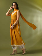Myshka Women's Yellow Solid Georgette Anarkali Party Kurta Set With Dupatta