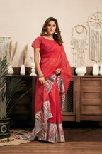Vastranavya Red Digital Printed Linen Ready To Wear Designer Saree with Unstitched Blouse - Distacart