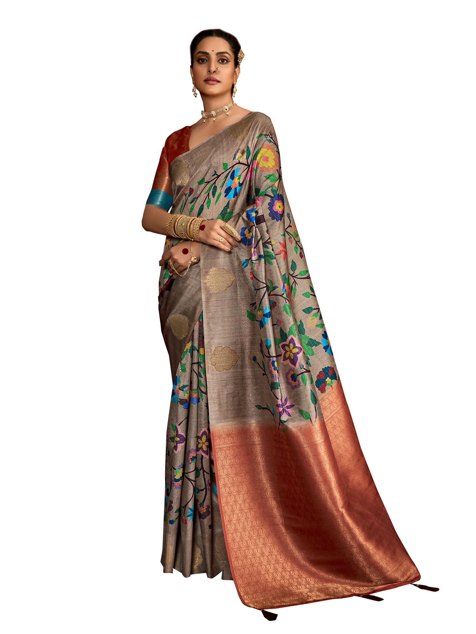 Joban Fashion Multi Color Soft Silk Weaving Fabric With Digital Jamdani Print With Jacquard Rich Pallu & Blouse With Spring Tassels - Distacart