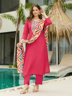 The52 Women's Beautiful Rayon Fabric Embroidery Work Straight Kurta Pant and Dupatta Set - Distacart
