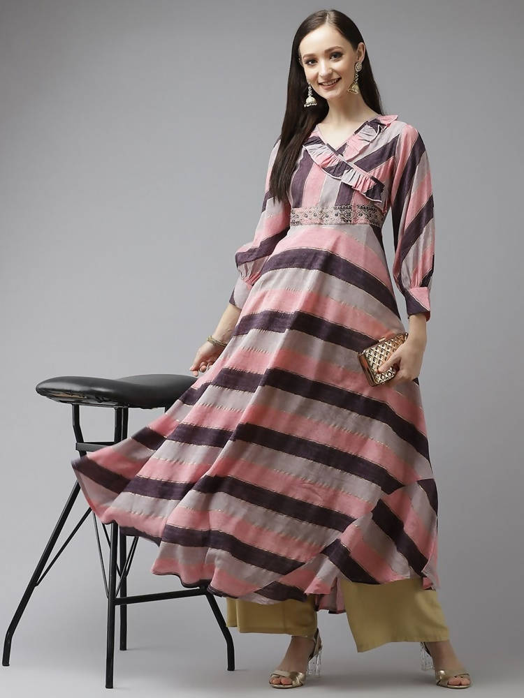 Yufta Women Purple & Multicoloured A-Line Striped Kurta