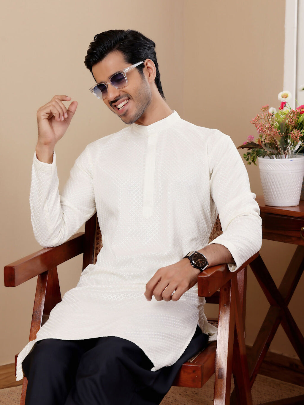 White Viscose Designer Chikankari Embroidery Work Men's Kurta - Mahotsav