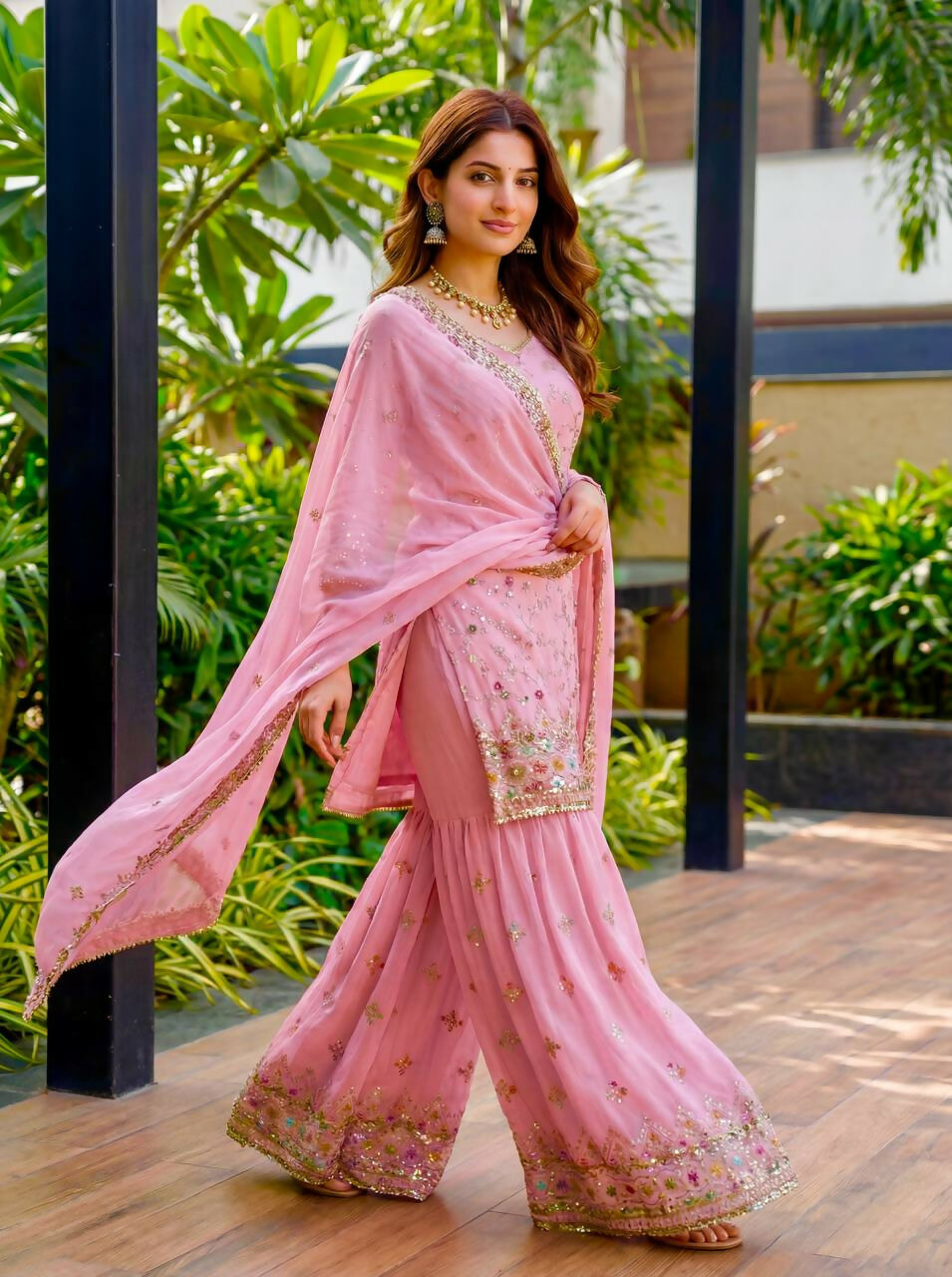 Teeya Creation Pink Faux Georgette Multi Thread Work Wedding Wear Sharara Set