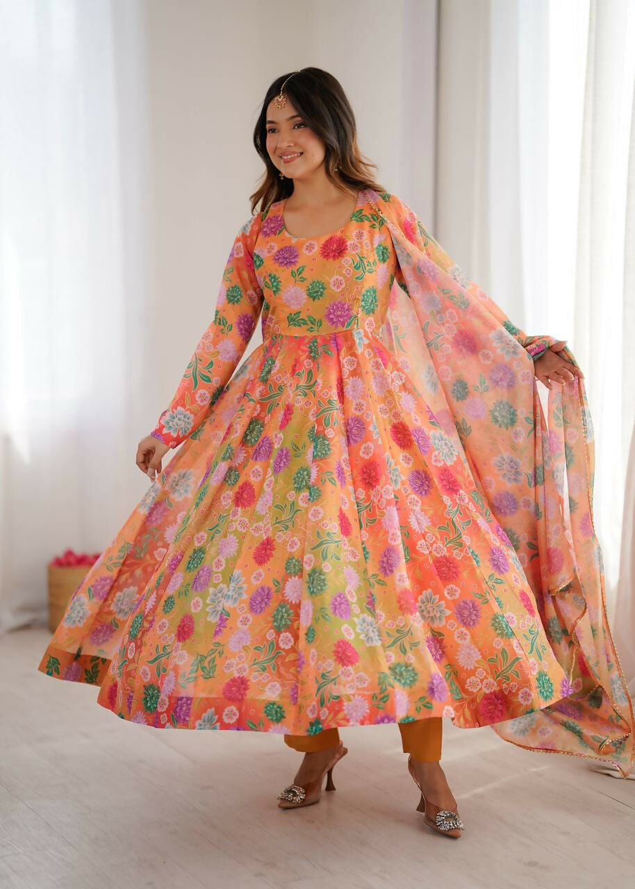 Teeya Creation Orange Soft Organza Digital Printed Party Wear Long Gown - Distacart