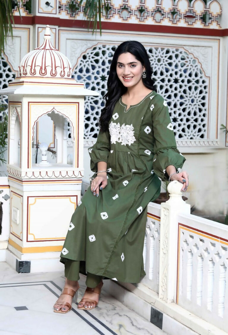 Miravan Women's Moti And Chikan Embroidered Bandhani Printed A-Line Mehandi Kurta Palazzo Set