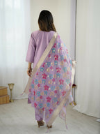 The52 Lavender Women's Gorgeous Embroidered work Viscose Gadhwal Fabric Straight Kurta, Pant and Dupatta Set - Distacart