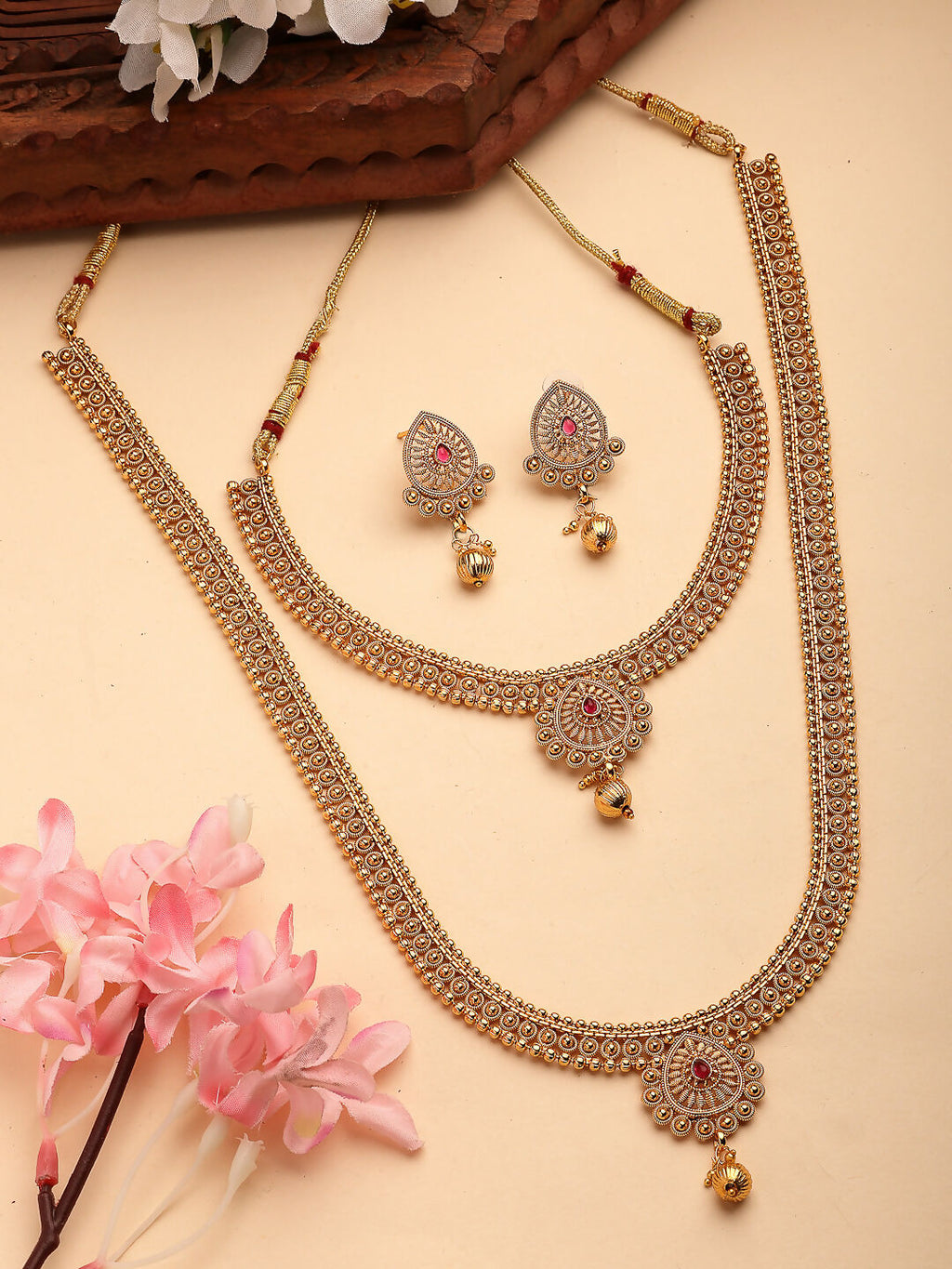 NVR Women's Set of 2 Gold-Polished Pink Stone Studded Jadau Jewellery Set