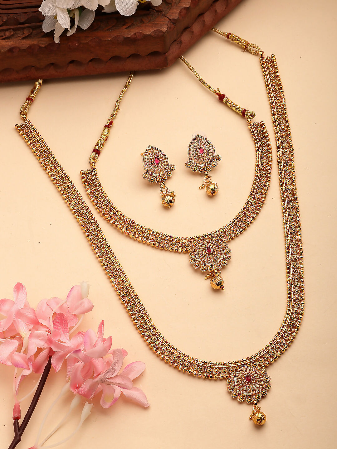NVR Women's Set of 2 Gold-Polished Pink Stone Studded Jadau Jewellery Set