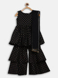 Ahalyaa Black Cotton Gold Print Kids Kurta Sharara Sets For Girls