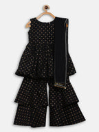 Ahalyaa Black Cotton Gold Print Kids Kurta Sharara Sets For Girls