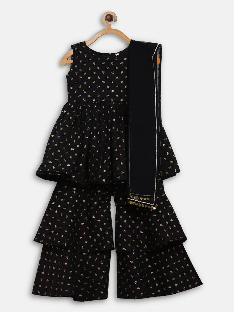 Ahalyaa Black Cotton Gold Print Kids Kurta Sharara Sets For Girls