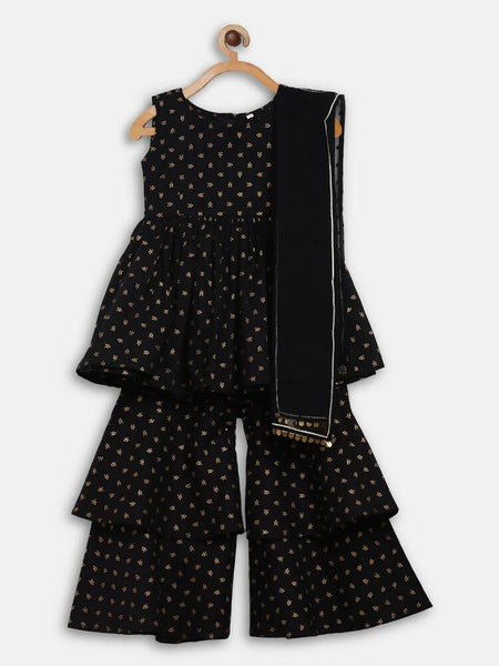 Ahalyaa Black Cotton Gold Print Kids Kurta Sharara Sets For Girls