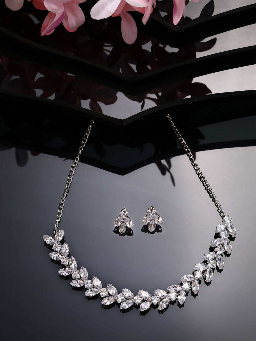 NVR Women Silver-Plated American Diamond Jewellery Set Necklace & Earrings - Distacart