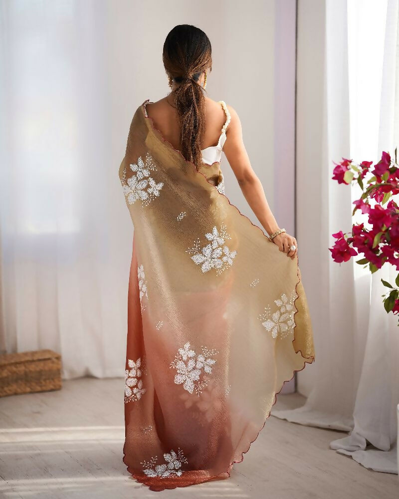 Choco and Orange Crunchy Crush Pedding Color Embroidery Work Party Wear Saree - Zuleika