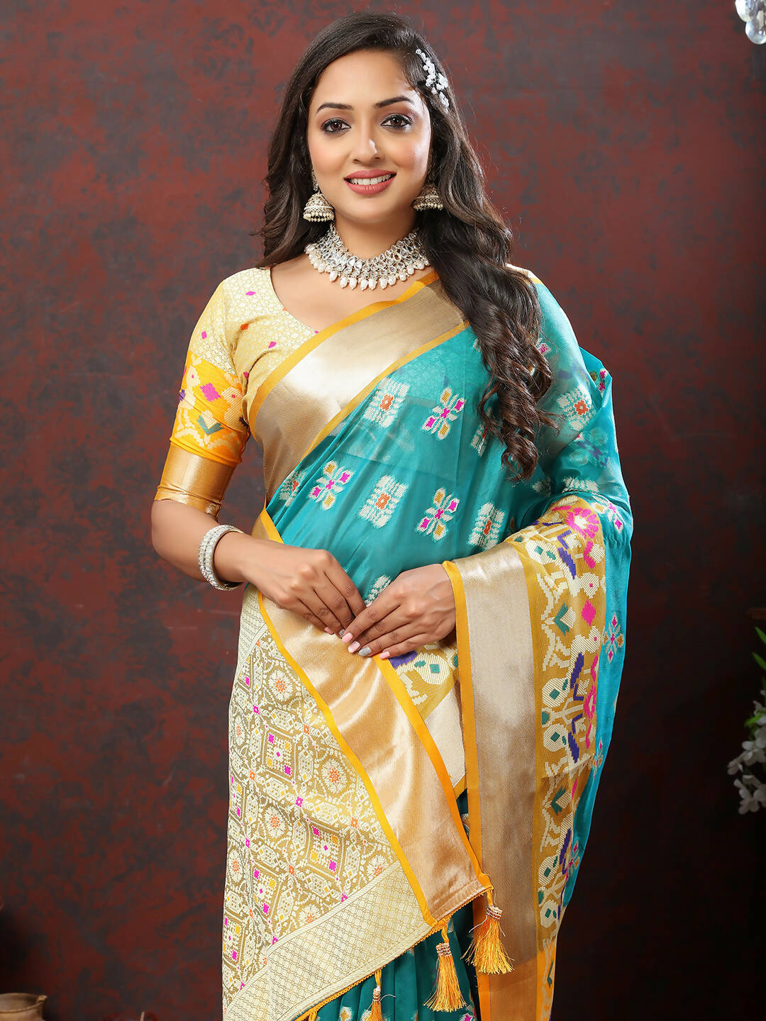 Lorenvalley Fashion Teal Organza Silk Woven Design with Meenakari Weaving Saree