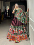 Vastranavya Navaratri Special Dola Silk Patola Print With Gamthi Work and Mirror Work Lace Border - Brown
