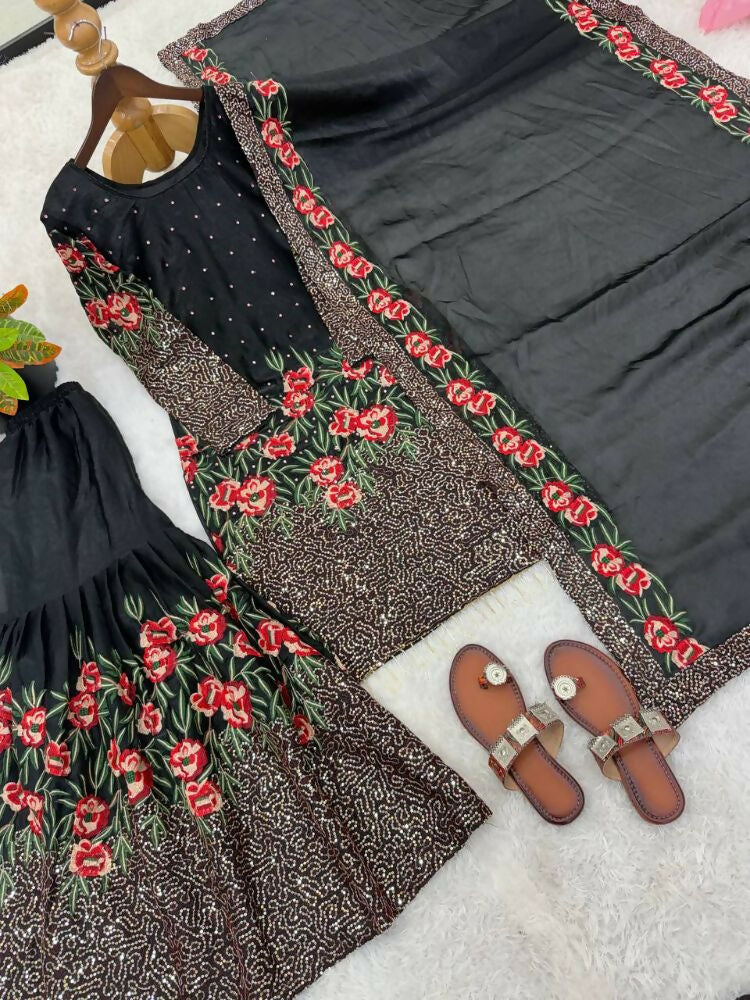 Teeya Creation Black Fendy Silk Heavy Embroidery Work Party Wear Sharara Suit - Distacart