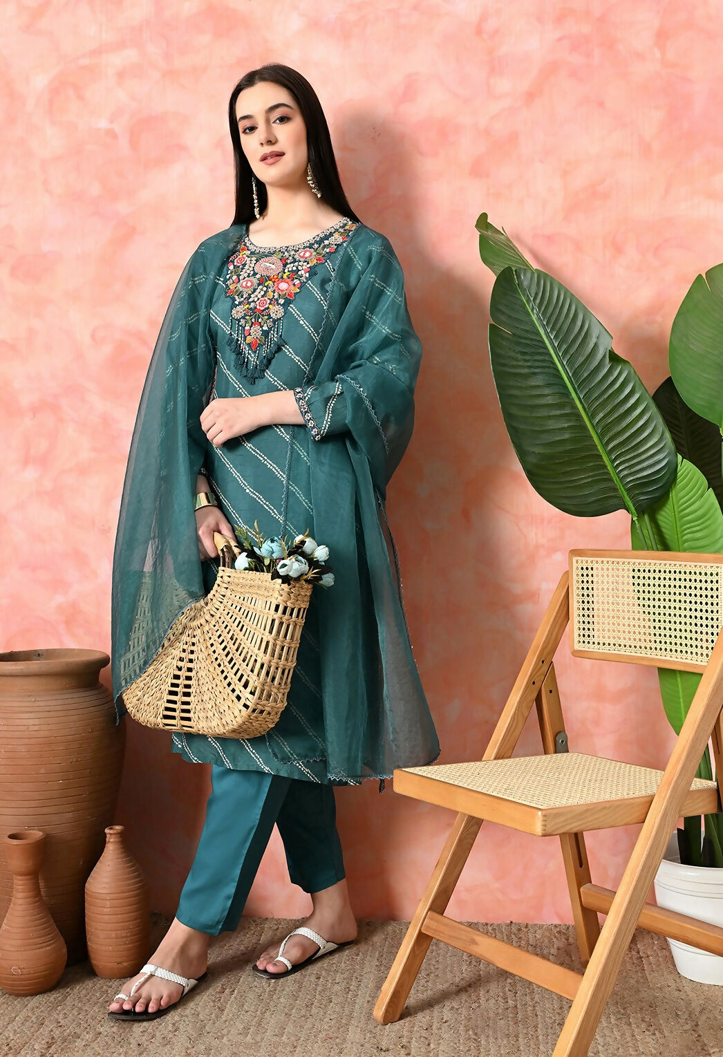 Joban Fashion Green Premium Pure Viscose Print Dola With Handwork Kurta Set