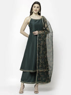 Myshka Dark Green Silk Blend Solid Sleeveless Round Neck Kurta Palazzo Dupatta Set