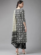 Yufta Black & Off-White Ethnic Screen Print Cotton Straight Kurta Palazzo & Dupatta