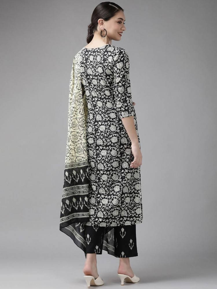 Yufta Black & Off-White Ethnic Screen Print Cotton Straight Kurta Palazzo & Dupatta