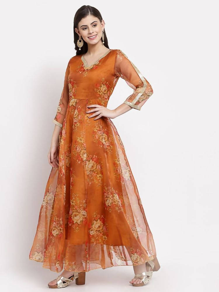Myshka Women's Brown Organza Printed 3/4 Sleeve V Neck Casual Anarkali Dress