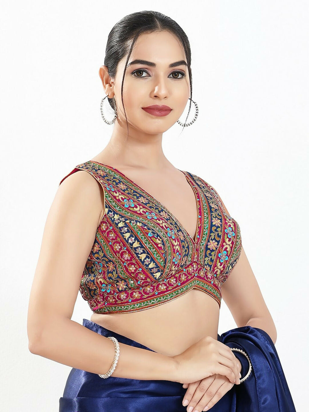 Joban Fashion Magenta Multi Georgette Padded Blouse With V Neck Sleeveless - Distacart
