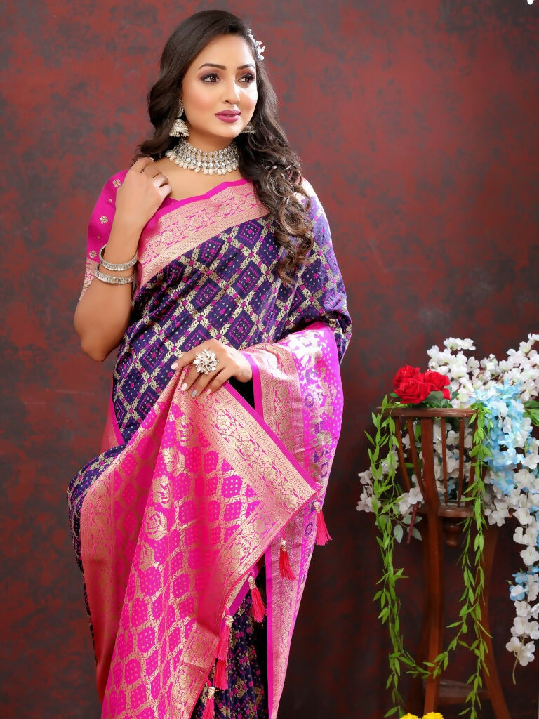 Vastranavya Navy Blue Soft Patola Silk With Meenakari Weaving Motifs And Rich Zari Weaving Pallu Saree With Matching Blouse Fabric