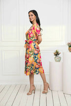 Myshka Women Multi - Abstract Rayon A-Line V-Neck Dress - Distacart