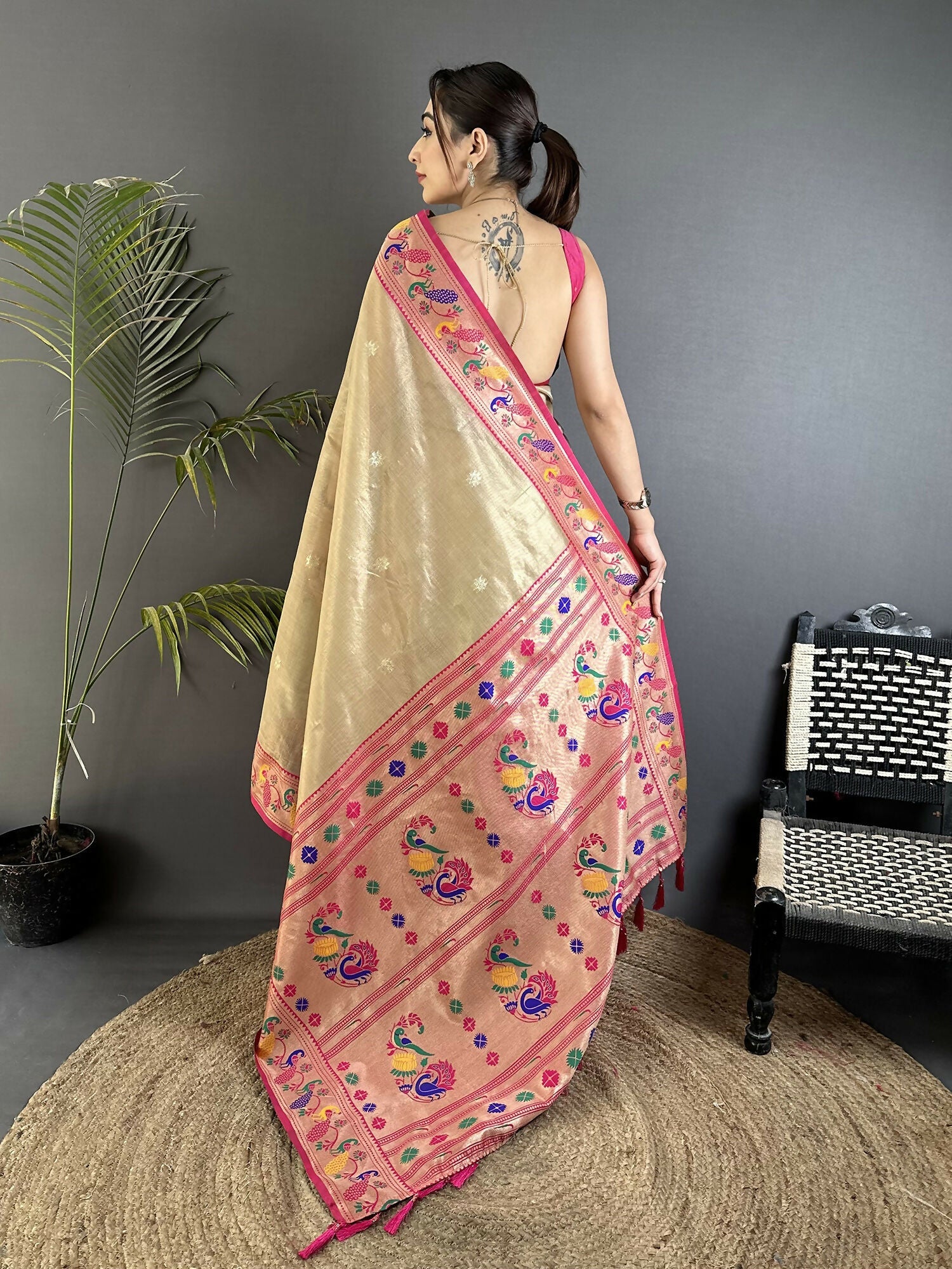 Joban Fashion Beige Zari Weaving Tissue Paithani Saree