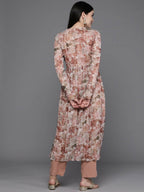 Ahalyaa Women Floral Printed Pleated Gotta Patti Kurta with Trousers - Brown Color