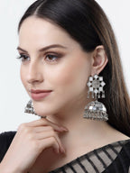 NVR Women Silver Mirror Oxidised Brass-Plated Jhumka Earrings - Distacart
