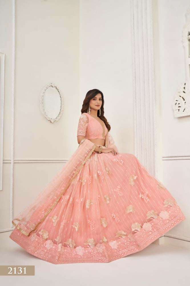 Aastha Fashion Peach Butterfly Net Tone To Tone Thread Work And Sequence Work Embroidery Wedding Wear Lehenga Choli