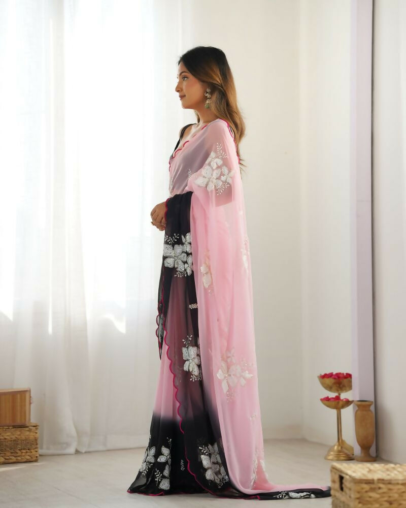 Georgette Pedding Color, Embroidery Work Party Wear Pink Saree - Erisha