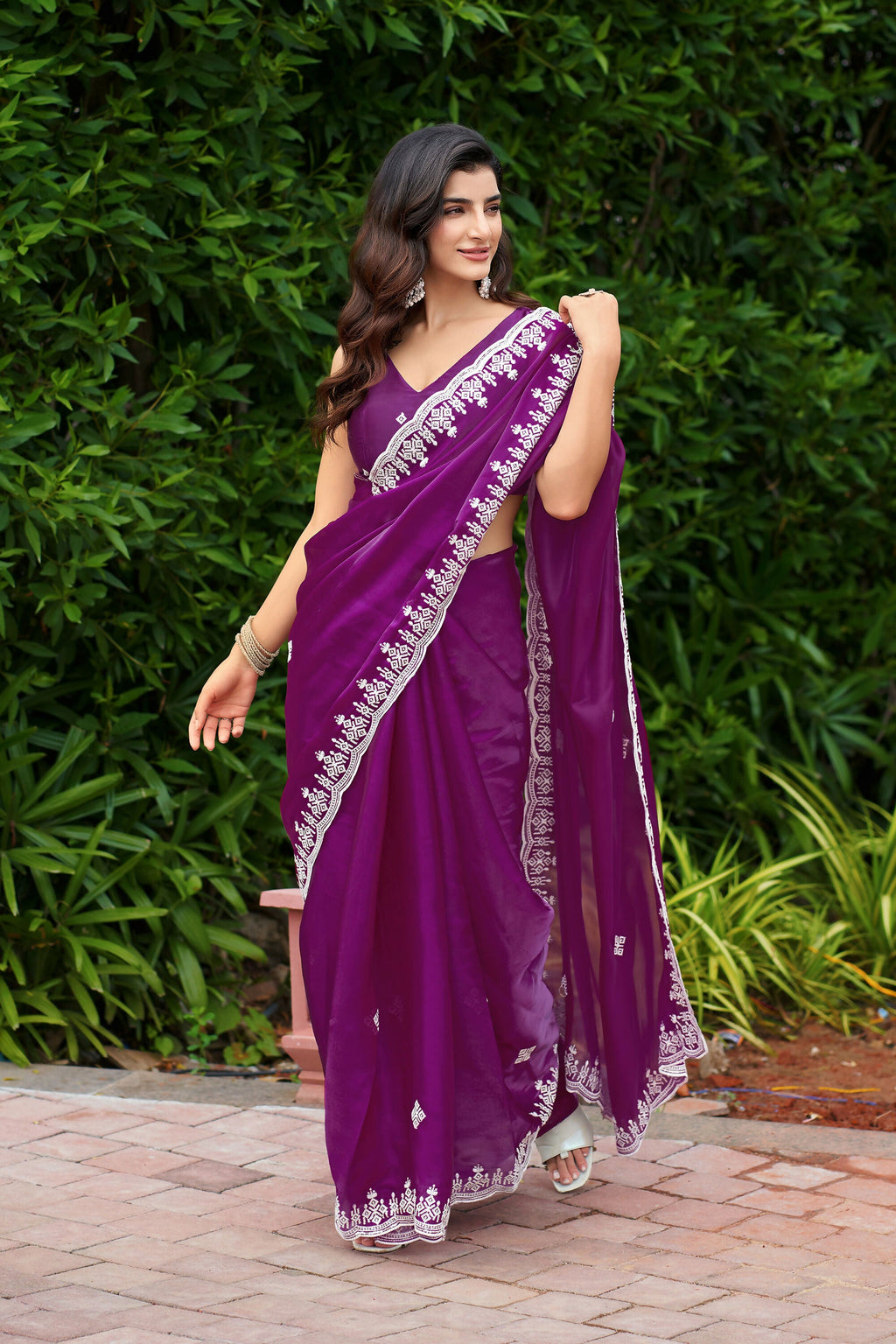 Vastranavya Purple Embroidery Work Shimmer Chiffon Saree with Unstitched Blouse - Distacart