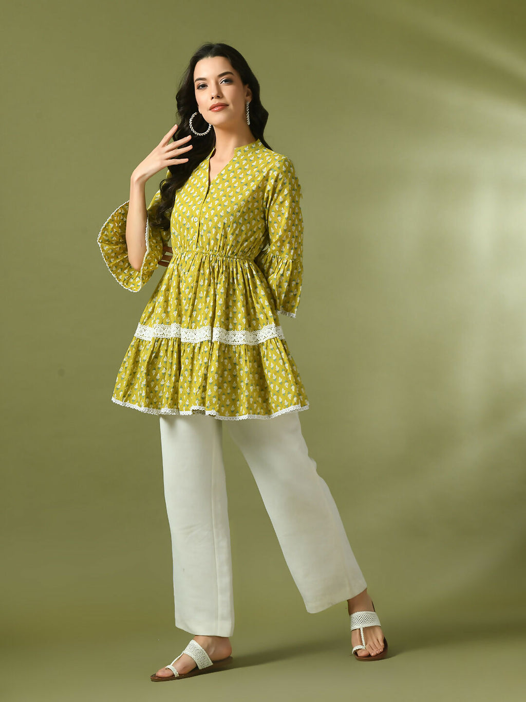 Myshka Women's Yellow Embellished Cotton Gathered Party Empire Top