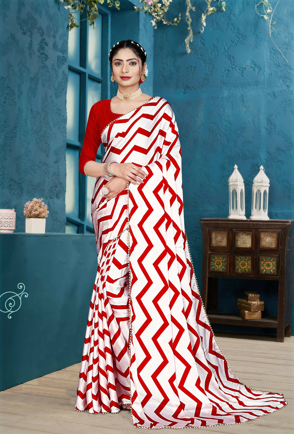 Red Japan Satin Stripe Printed Saree With Unstitched Blouse Piece - Laavanya