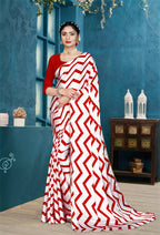 Red Japan Satin Stripe Printed Saree With Unstitched Blouse Piece - Laavanya