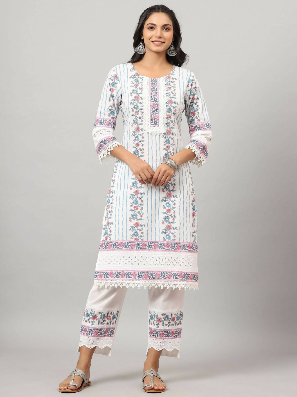 Juniper Women's Off-White Cambric Printed Stright Kurta Sets - Distacart
