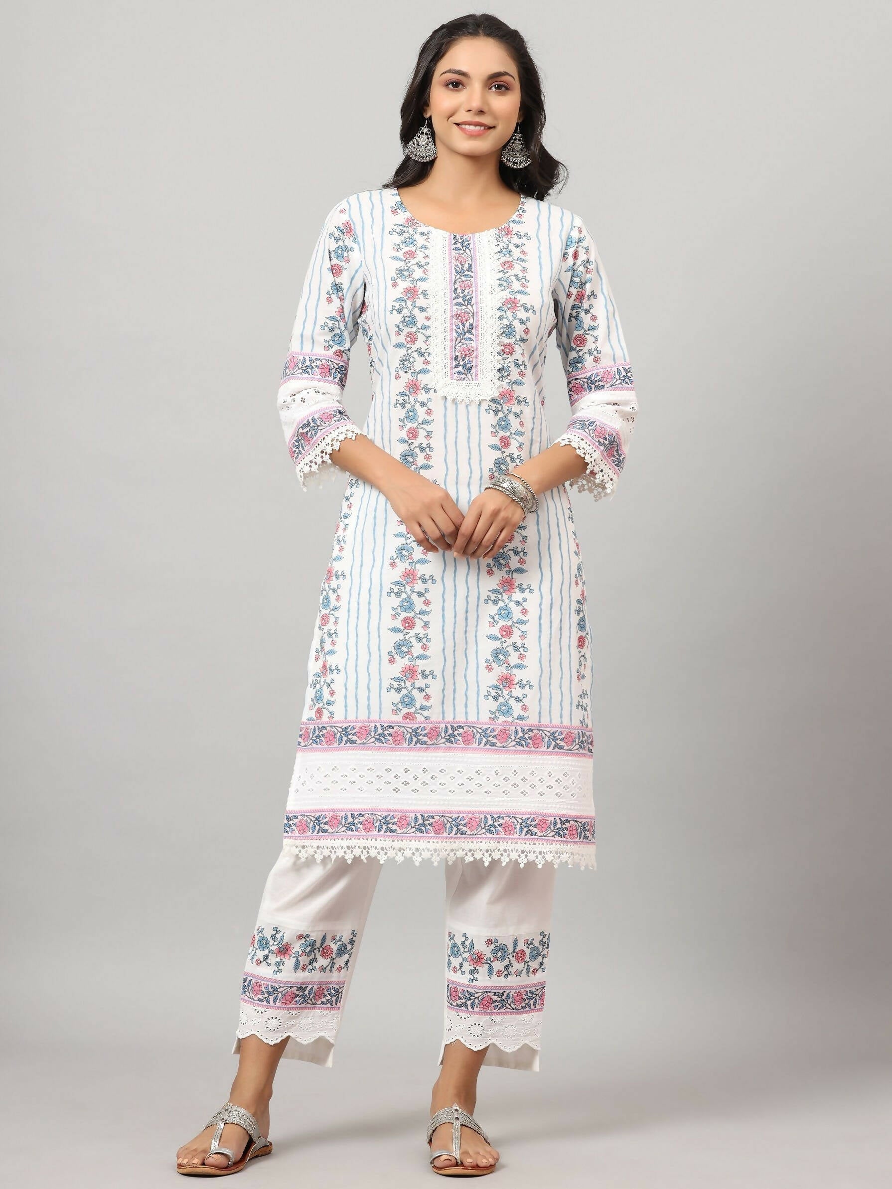 Juniper Women's Off-White Cambric Printed Stright Kurta Sets - Distacart