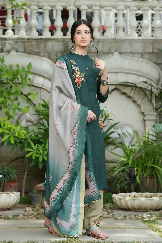Juniper Bottle Green Mono Viscose Festive Wear Embroidered Straight Kurta Pant Dupatta Set - Distacart
