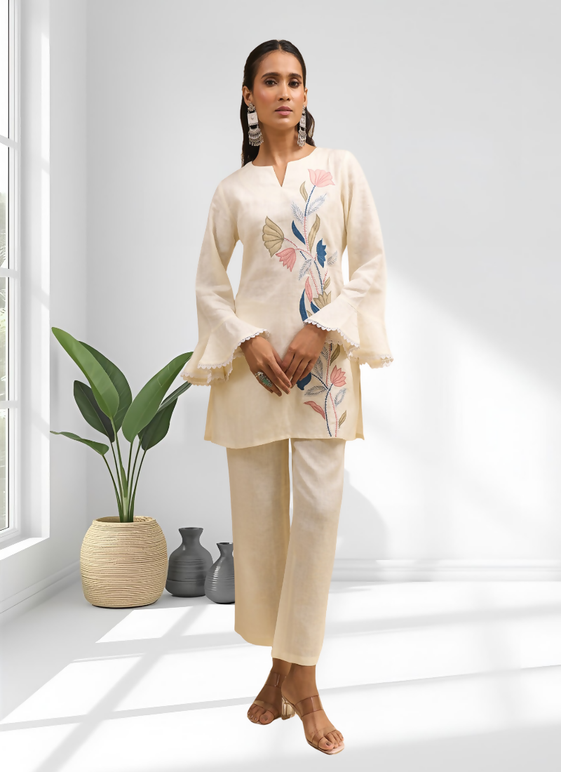 Joban Fashion Cream Linen Embroidered Readymade Cord Set - Distacart