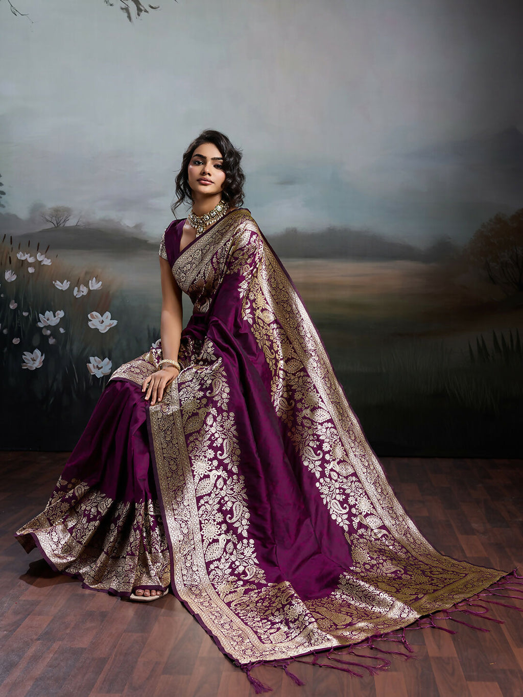 Shree Shyam Fashion Wine Silk Blend Saree - Distacart