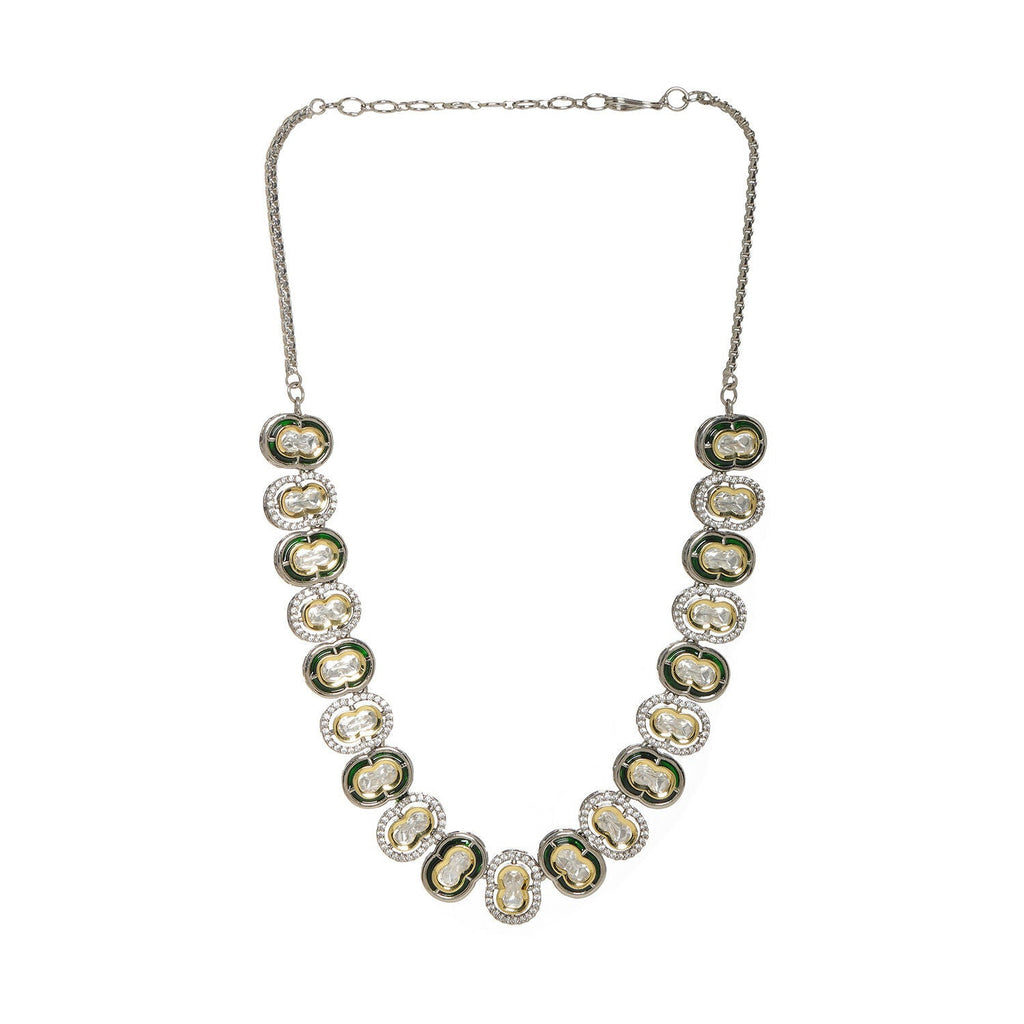 Mufli (peanut) Kundan Neckpiece with Meenakari and American Diamonds (Silver) - Ruby Raang