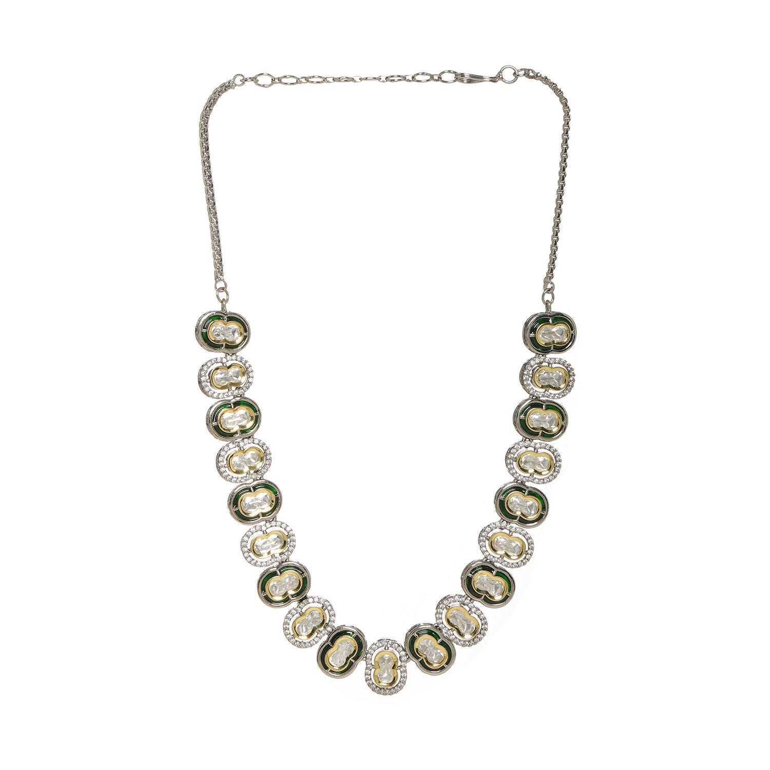 Mufli (peanut) Kundan Neckpiece with Meenakari and American Diamonds (Silver) - Ruby Raang