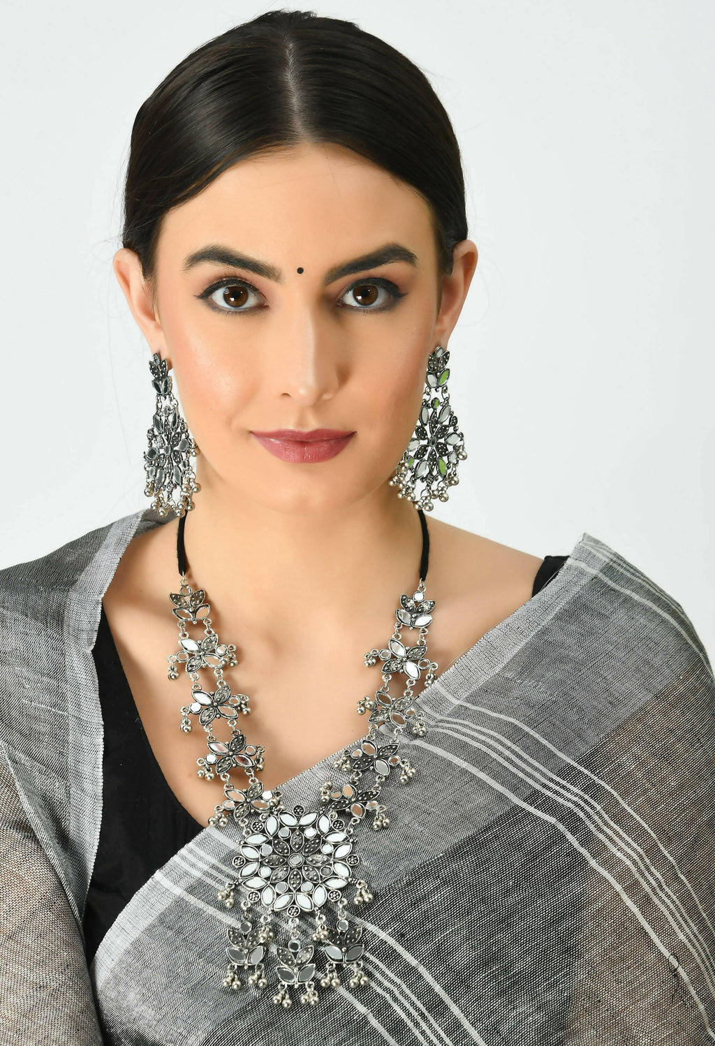Mominos Fashion Johar Kamal Oxidised Silver-Plated Mirror Work Long Necklace Set - Distacart