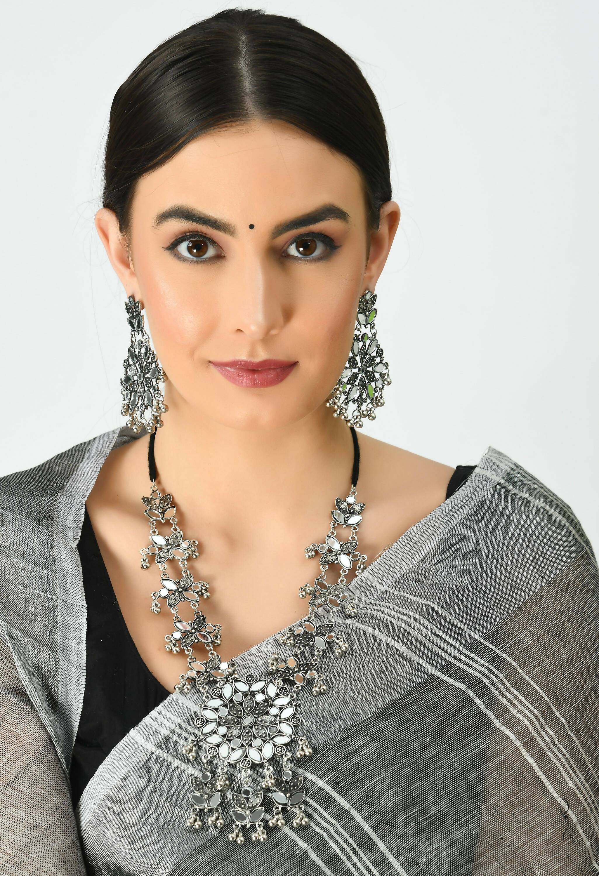 Mominos Fashion Johar Kamal Oxidised Silver-Plated Mirror Work Long Necklace Set - Distacart