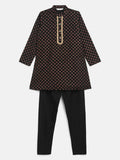 Ahalyaa Black Crepe Gold Pigment Print Kids Kurta Churidar Set For Boys