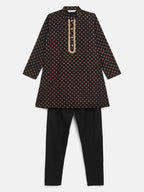 Ahalyaa Black Crepe Gold Pigment Print Kids Kurta Churidar Set For Boys